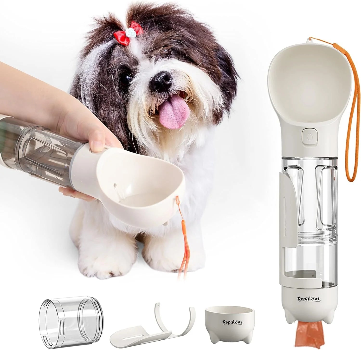 17Oz 3 in 1 Portable Dog Water Bottle, Outdoor Dog Water Dispenser with Poop Bag, Pet Travel Water Bottle Dispenser with Drinking Feeder and Food Container for Dogs Walk Travel, Length 15.55"