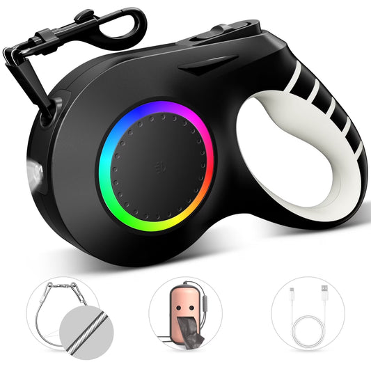 Retractable Dog Leash with Chew Proof Wire Rope, 20Ft Dog Leash Retractable Withlight, Poop Bag Dispenser