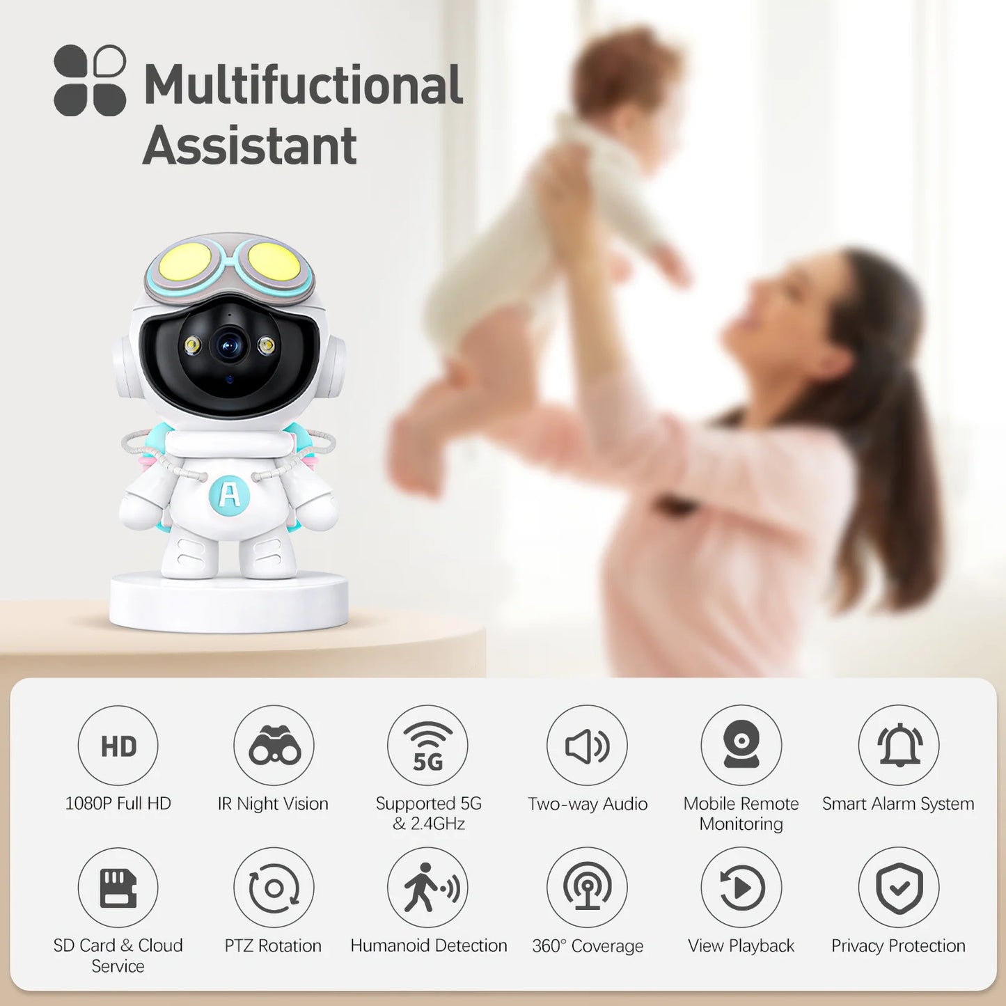 Indoor Pan/Tilt Smart Security Camera, 2K HD Dog-Camera, Super IR Night Vision, Motion Detection for Baby and Pet Monitor, Cloud & SD Card Storage, Supported 5G & 2.4Ghz